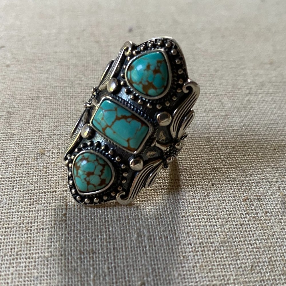 FREE PEOPLE etched Sterling Silver Raw Turquoise stone Bohemian large Ring *8*